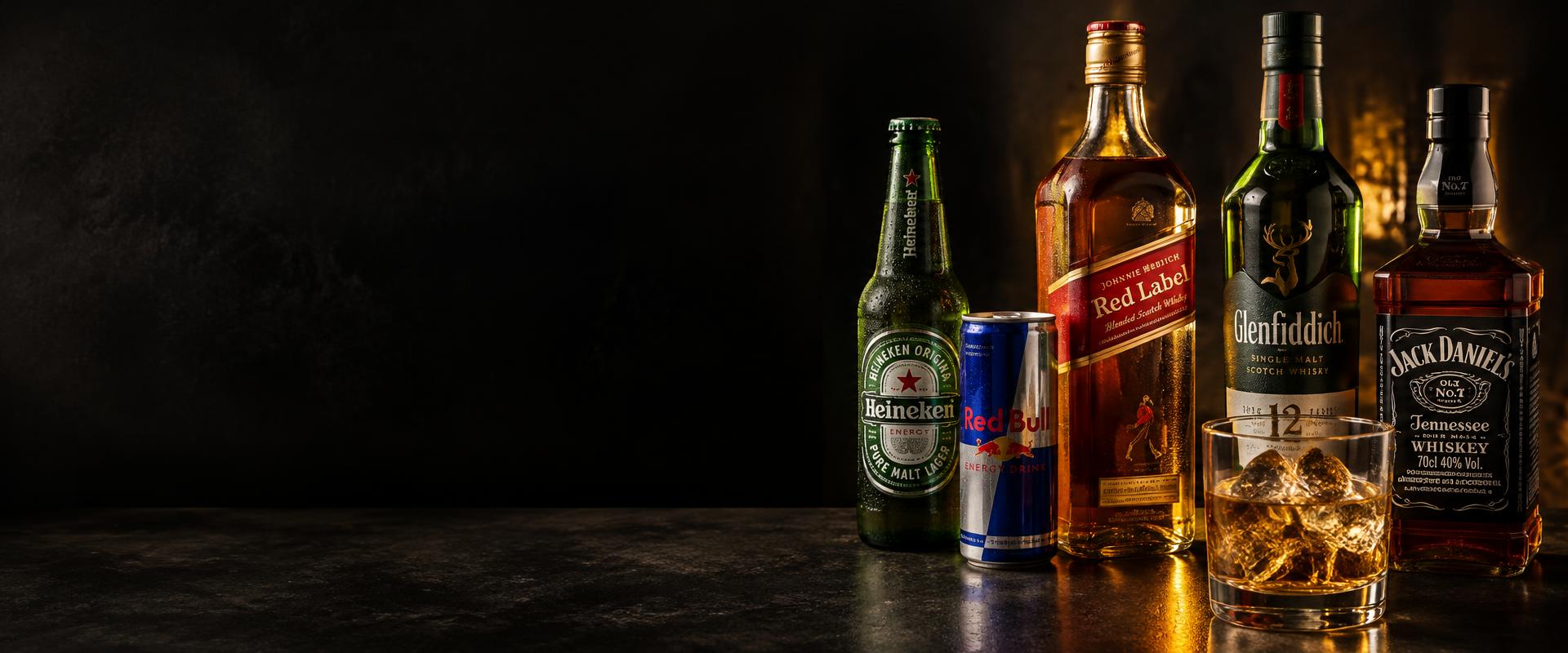 Whisky, cerveja e energético sobre um balcão